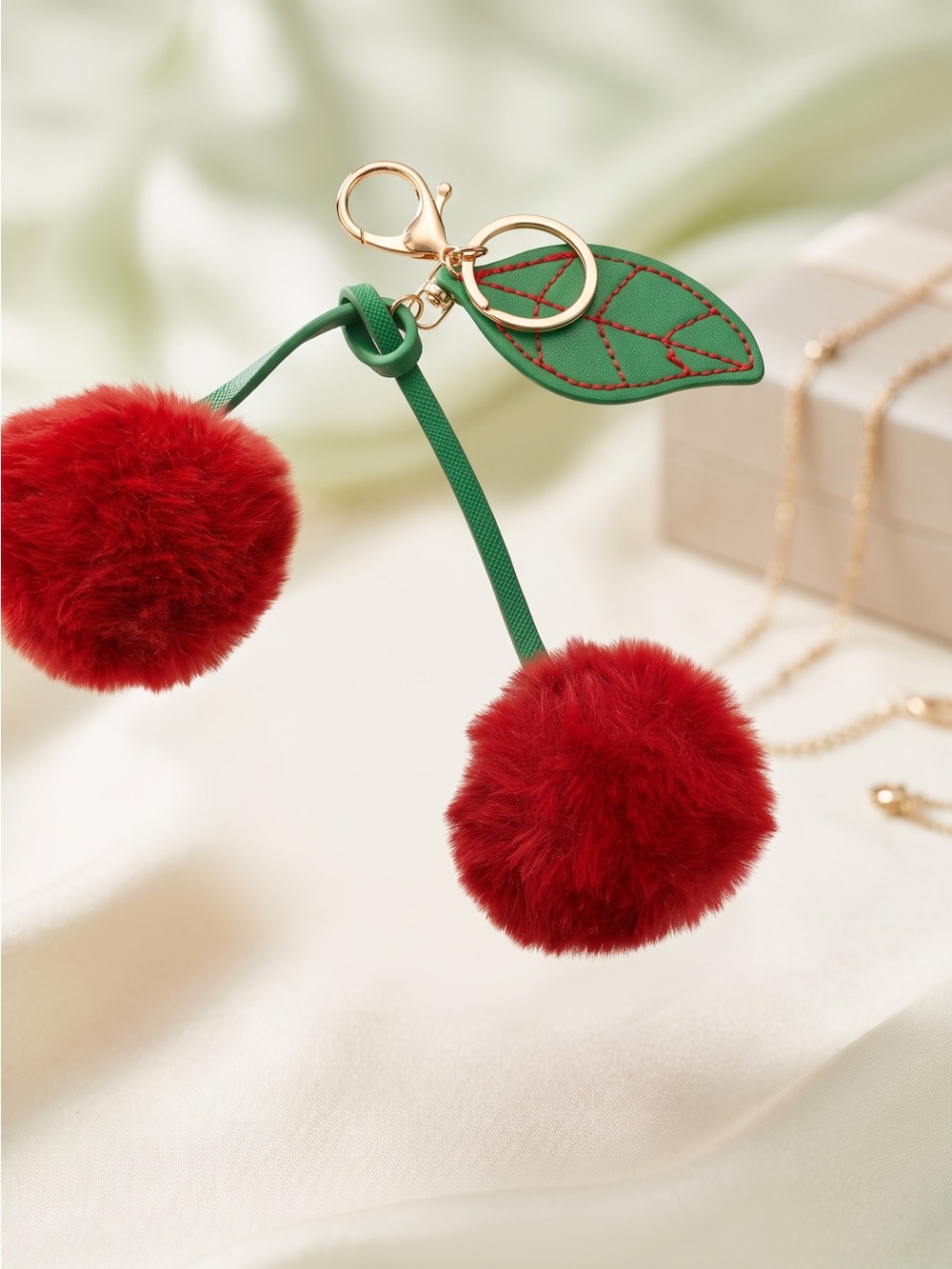 Red Cherry Pom Pom Keychain Bag Charm Gold Hardware NWOT
